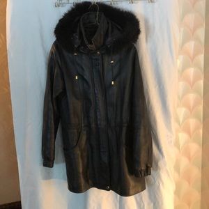 Black leather pant coat - detachable faux fur hood